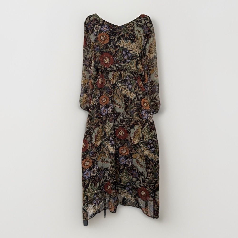 Piper & Scoot Floral Midi Dress L Sheer Long Sleeve Lined Black Boho Dark Floral - Picture 4 of 14